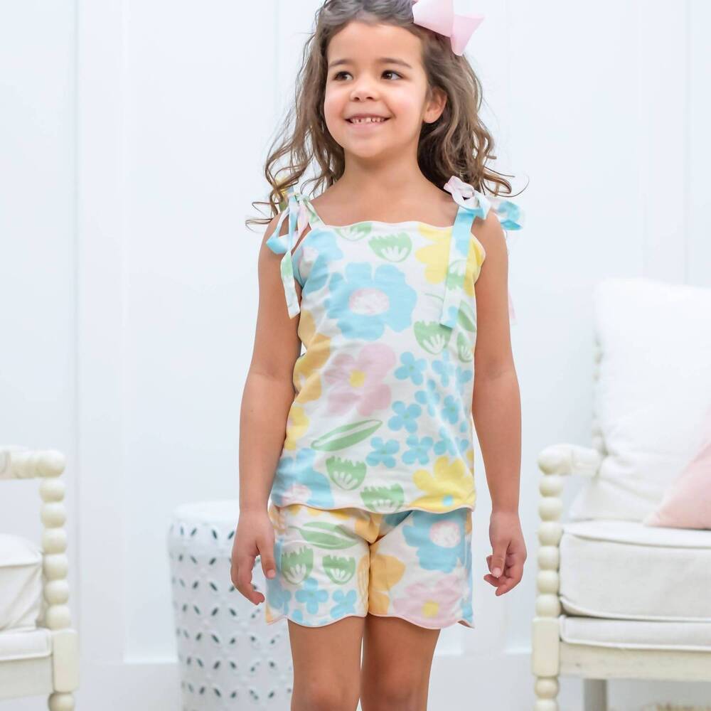 NEW SHRIMP AND GRITS KIDS petal party short set in pink, blue and yellow